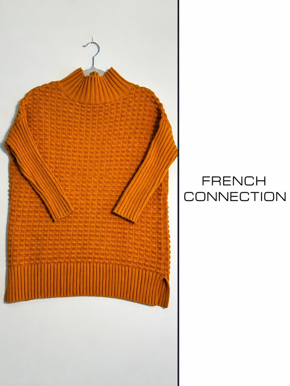 French Connection XS Mustard Orange 100% Cotton Textured Mock Neck Sweater